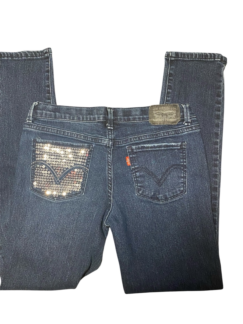 Girls Levi's Dark Blue SkinnyJeans with Embellished Pocket. Adjustable, size 14.